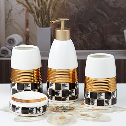 Image of SaSaSa Ceramic Bathroom Accessories Set of 4 Modern Bath Set with Soap Dispenser & Toothbrush Holder, Luxury Home & Gift Idea, White /Gold /Black (10081)