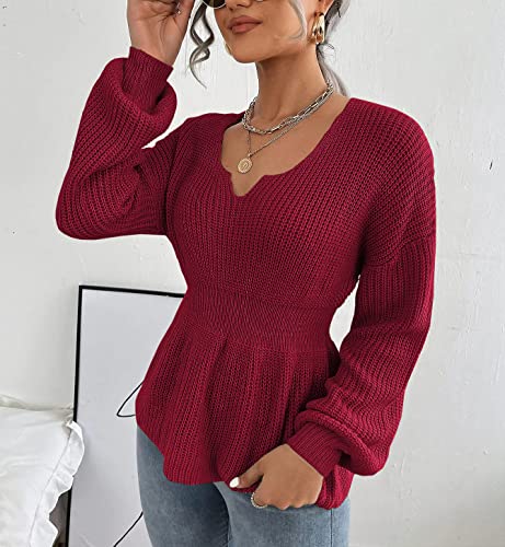 Image of Veatzaer Womens V Neck Sweaters Fall Trendy Casual Long Lantern Sleeve Ribbed Knit Pullover Sweater Tops