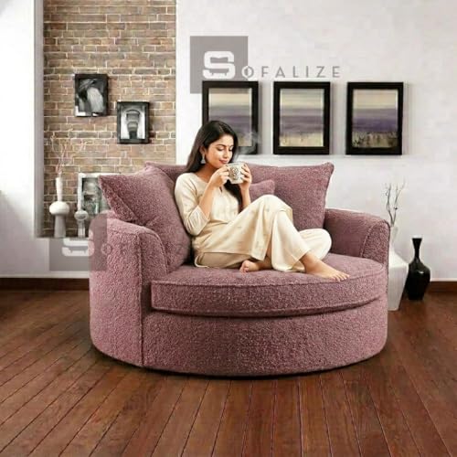 Image of SOFALIZE - Modern Barrel Accent with Pillows Round Sofa combines contemporary design Oversize Arm Chair Cozy Club Chair for Bedroom, Living Room, Lounge, Hotel & Office, Hallways sofa (Ashrose Boucle)