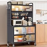BVOUVOI 5-Tier Kitchen Bakers Rack, Microwave Stand with Hooks Moveable Coffee Bar Cabinet with Universal Wheels for Kitchen,Living Room,Dining Room, Quick Assembly…