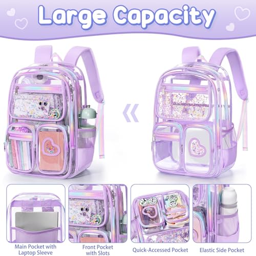 Image of Fimibuke Clear Backpack for Girls, 3PCS Heavy Duty PVC Transparent Kids Backpack for Teen Girls, School, Concert, Stadium Events Approved See Through School Girl Bookbag with Lunch Box & Pencil Case