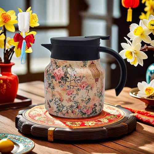Jarra Térmica De Acero Inoxidable Con Infusor Incorporado, Diseño Floral Vintage, De 28 Oz/35 Oz, Con Tapa For Bebidas Calientes En Casa (naranja, 1000 Ml)(Pink)