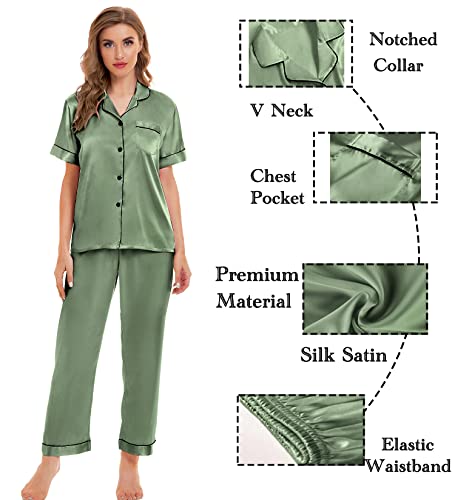 Image of SWOMOG Womens Silk Satin Pajamas Sets 4pcs Sleepwear Sexy Cami Shorts Set and Button Down Short Sleeve Pjs Loungewear Matcha Small