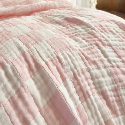 Image of SANACYNA Muslin Blankets 100% Cotton 6-Layer Gauze Pink Cooling Blanket Lightweight Soft and Breathable Swaddle Blanket for Sofa Bed Both Sides (Pink Checkerboard, Baby 30 inchx40 inch)