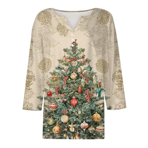 Image of Women Christmas Shirt 3 /4 Length Sleeve Henley Tops Xmas Outfits