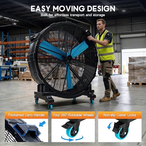 Image of Albott 60 Inch Industrial Drum Fan, 600W Plastic High Velocity Floor Fan with Wheels and Stepless Variable Speed, Air Flow 24,700 CFM, Ideal for Commercial, Garage, Warehouse, Workshop, Factory