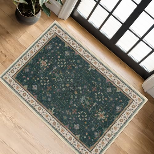 Dark Green 2x3 Door Mat Indoor Entrance Rug - Small Throw Area Rugs for Entryway, Kitchen, Bathroom, Bedroom, Laundry Room - Vintage Boho Eclectic Floral, Washable Low Pile Non-Slip