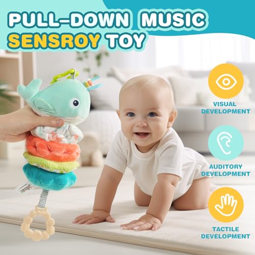 Image of Jollybaby Baby Musical Pull String Hanging Toy for Stroller Car Seat Crib Play Gym, Plush Stuffed Whale Toy for Carseat with Music Teether Crinkle Paper, Sensory Toy for 0-6-12-18 Months Baby Gift