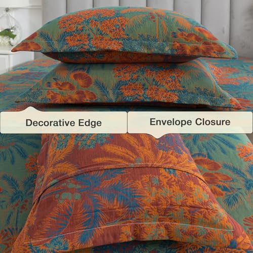 Image of Forest Green Muslin Sheet Set King Size, Shabby Leaf Pattern Chic Neutral Tropical Soft Bed Sheets, Luxury Designer Bedding, Palm Tree Deep Pocket Fitted Sheet, 100% Washed Cotton, 4Pcs