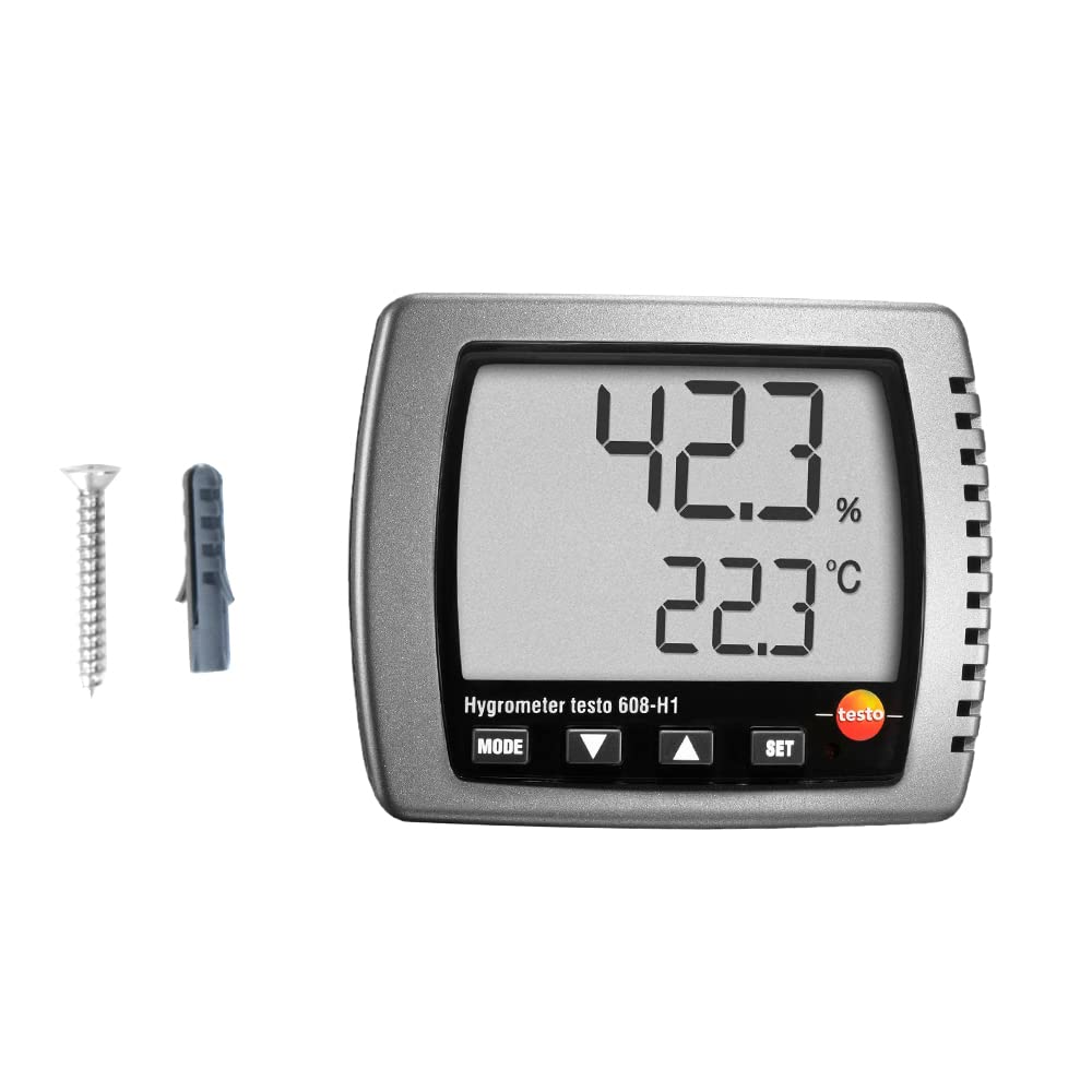 Termohigrómetro digital (rango de temperatura: 0 a 50 °C y rango de humedad: 10 a 95% HR) para invernaderos y espacios industriales. Incluye certificado de calibración de fábrica. Modelo: Testo 608H1