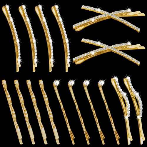 16 Pieces Gold Rhinestone Bobby Pins Set Delicate Decorative Fancy Crystal Hair Clips Shiny Fancy Metal Barrettes I S X Shaped Diamond Hair Accessories for Women Ladies Girls Wedding Prom Party