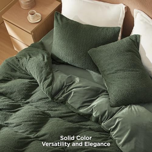 Image of Bedsure Fluffy Plush Queen Comforter Set, Olive Green Bed Set Queen Size, Luxury Ultra-Soft Bedding, 3 Pieces, 1 Solid Comforter (90 inchx90 inch) and 2 Pillowcases (20 inchx26 inch)