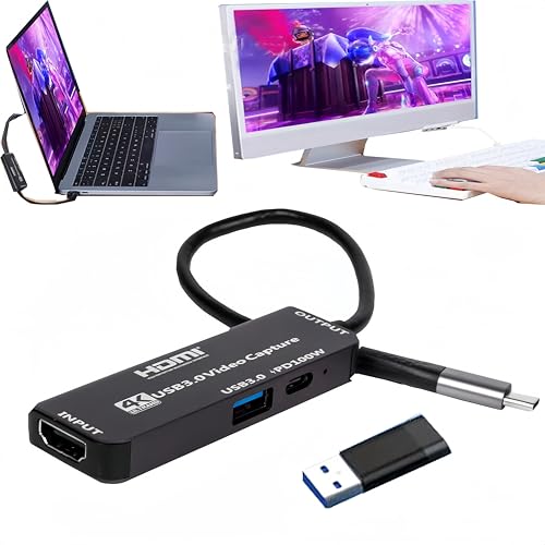 4K HDMI Video Capture Card with USB3.0&100W PD, HDMI to USB/USB C Supports 4K@60Hz Input and 1080P Output HD Live and Record Video Audio Game MS2130 for Sessions Courses Gaming Live Broadcast Record