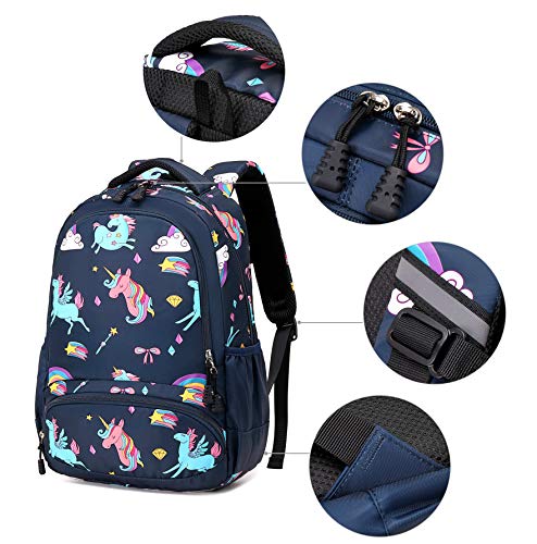 Unicorn School Backpack For Girls - 3 In 1 Kids Waterproof Cute School Bookbag Set With Lunch Bag Pencil Case For 8+ Years Old Elementary Navy Blue #TOP5
