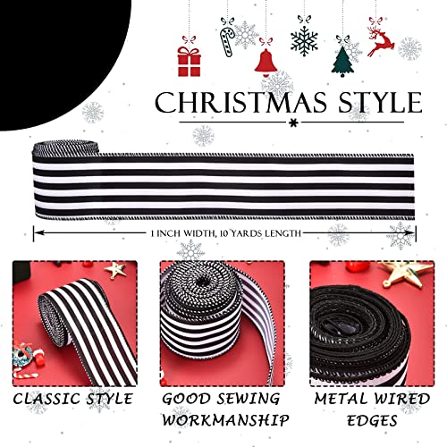 Christmas Ribbon for Tree, Black and White Striped Ribbon Wired Vertical Strip Fabric Ribbon Gift Wrapping DIY Crafts Wreath Bows Making Tree Decor Party Holiday Birthday Decoration, 10 Yards x 2.5in