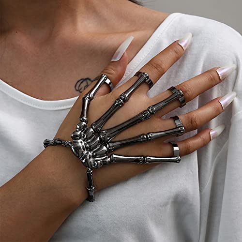 SIQITECHNO Skeleton Hand Bracelet with Ring Halloween Skull Bracelet Claw Bangle Alloy Skull Wristband Cosplay Party 1PC3
