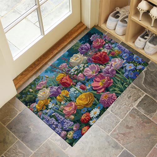 MLSOWM Alfombra de Puerta Pelo Corto Tulipanes, Amapolas, Flores Silvestres Felpudo Entrada Casa Jardín Inglés Tapetes Antideslizante Lavables 90x150cm para Baño, Patio, Pasillo, Azul Verdoso
