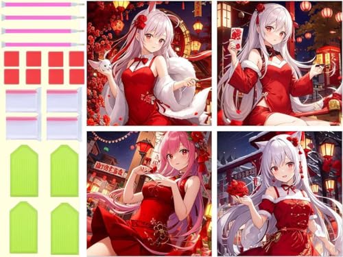 Diamond painting adulte 5D en lot de 4 kits complets 30x30 cm pour broderie diamant d'anime
