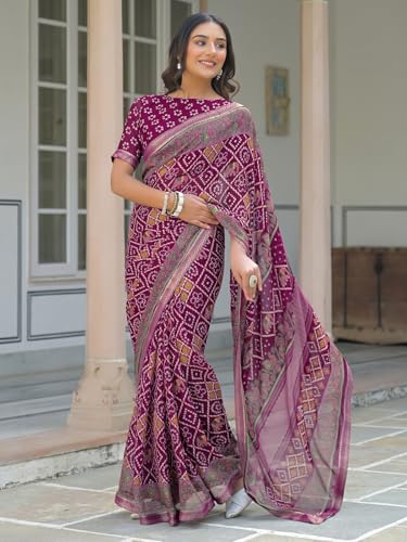 Image of SIRIL Women's Georgette Bandhani Printed Saree With Unstitched Blouse Piece