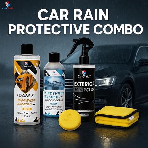 Image of CAR SAAZ Car Rain Ready Protective Combo | Includes: Car Shampoo, Windshield Washer, Exterior Body Polish, Applicator Pad & Microfiber Cloth | Monsoon Car Care Kit for Shine, Clarity & Protection