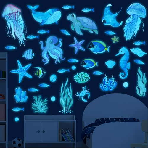 Image of Huimdery Glow in The Dark Ocean Wall Decals - Sea Fish Wall Stickers for Kids Boys Girls Bedroom Living Room Decor