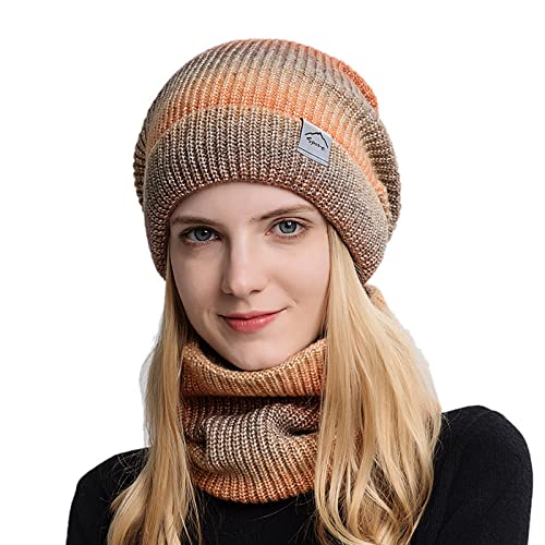 Gorro de Invierno, Gorros de Invierno for Mujer, Conjunto Gorro y Bufanda Punto Grueso cálido con protección for Las Orejas Lana degradada(Orange)