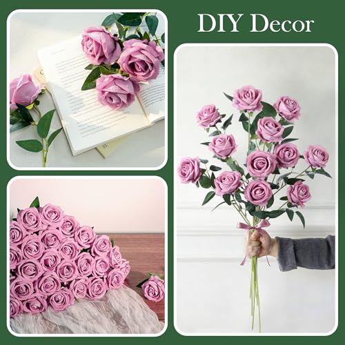 Image of 50 PCS Roses Artificial Flowers, Realistic Fake Roses with Long Stems Silk Flowers for DIY Wedding Bouquet Party Celebration Home Bridal Baby Shower Decoration Birthday Gift for Her Wife, Dusty Rose