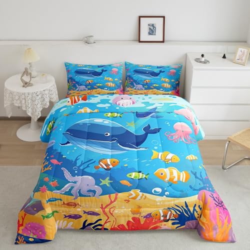 Feelyou Cartoon Cute Marine Animals Comforter Set Twin Size Kids Fish Dolphin Octopus Comforter for Boys Girls Teens Underwater World Bedding Set Summer Ocean Duvet Set Room Decor