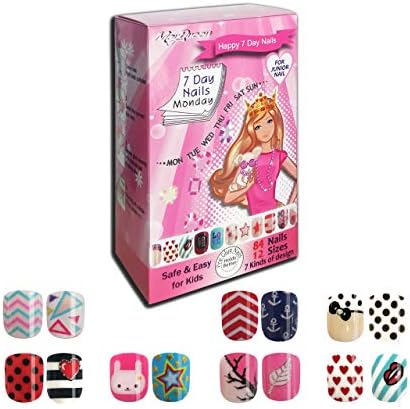 MayQueen 7PACK 84Tips 7Days Artificial False Fake Art Nails, Pre-Glued Sticker Nails For Kids (7Day Nail 1)