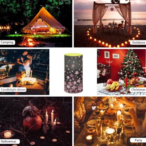 Image of Poceacles Flickering Flameless LED Battery Candles Pillar Candles Tealight with 18-Key Timer Remote with Colorful Light for Indoor Outdoor Home Decor, Cherry Blossom Pink Black