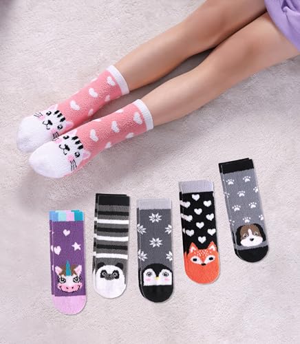 SDBING Kids Fuzzy Socks, Toddlers Non Slip Socks Boys Girls Cute Cozy Winter Warm Crew Socks with Grips 6 Pairs3