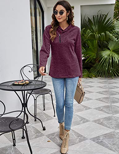 Romanstii Cowl Neck Sweatshirts For Women Cute Casual Long Sleeve Pullover Sweatshirt Top Zip Pullover Sweaters For Women Knit With Pockets Wine Red Size L #TOP6