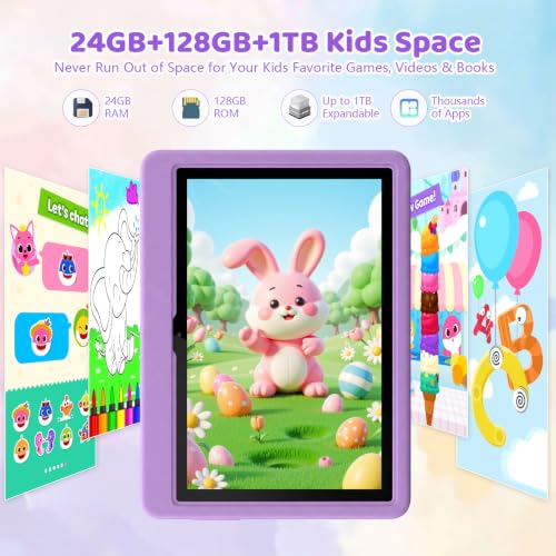 Image of Tablet 10 inch Android 16 Tablet for Kids, 24GB RAM 128GB ROM 1TB Expand, Kids Learning Tablet with Parental Control, Shockproof Case, Eye Protection HD IPS Screen, 6000mAh WiFi 6, Purple
