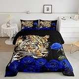 Erosebridal Cheetah Bedding Comforters Queen Size Blue Rose Flower Leopard Print Comforter Set, Africa Wild Animal Theme Bed Down Comforter for Child Teen Girls Boys Women Man Bedroom Decorations