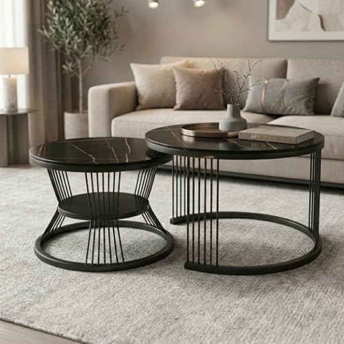 Image of Coffee Table, 20 inch Round Coffee Table Set of 2, Wooden Nesting Table with Metal Frame, Center Tables for Living Room Bedroom Balcony Bedside Table Full Black