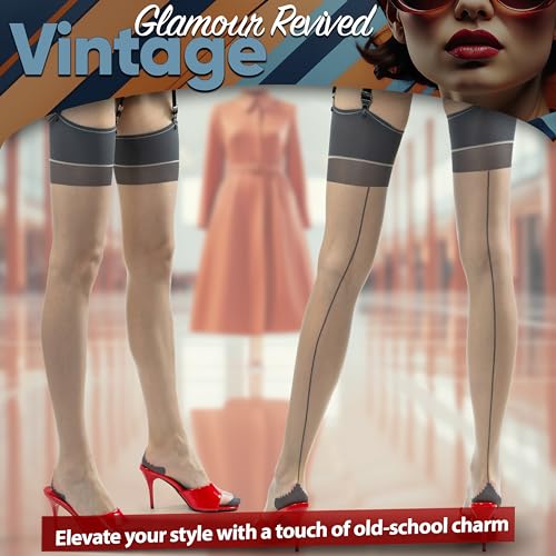 Image of Chic Gray Back Seam Thigh Highs: Vintage-Style Sheer Classic Nylon Stockings with Wide Top Band and Reinforced Toes - (5'3 inch-5'9 inch / under 154 lbs) One Pair (Garter Belt Not Included)