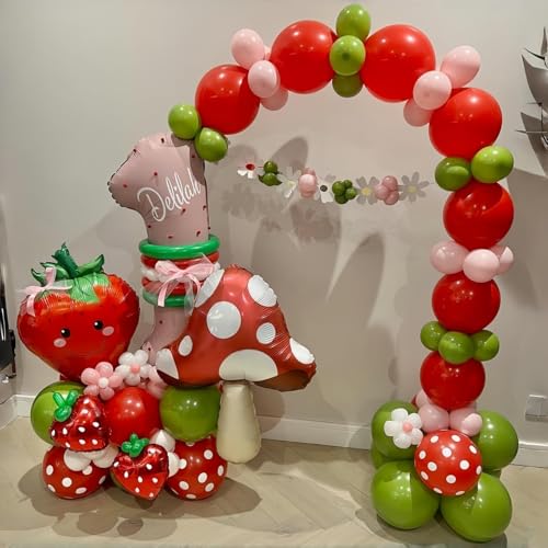 Image of Red Pink White Strawberry Balloons, 50Pcs 12inch Red Light Pink White Clear Polka Dot cherry Latex Balloons for Girl Women Birthday Baby Shower Berry First Galentines Wedding Party Decorations