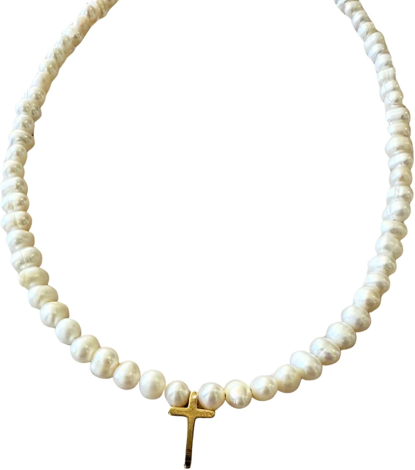 Natural Pearl Necklace with Gold-Plated Cross – Catholic Faith Jewelry for Women – Elegant Christian Necklace – Symbol of Love, Light & Devotion