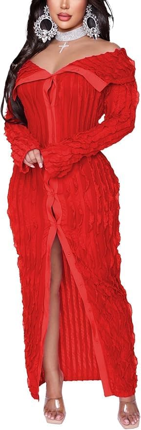 Sexy Button Down Dresses for Women Date Night Off Shoulder See Through Mesh Ruffle Bodycon Maxi Dress - Image 3