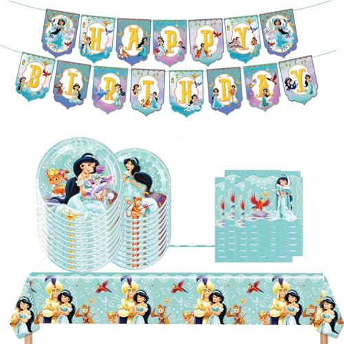 Jasmine Party Birthday Supplies Princess Theme Party Tableware with Happy Birthday Banner Tablecloth Disposable Paper Plates with Napkins for Fans Party Supplies Decorations