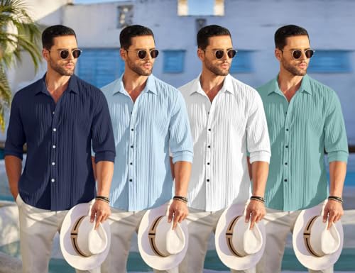 Image of FINIVO FASHION Combo of Men's Casual Cotton Plain Button Down Shirt Long Sleeve Textured Summer Beach Shirt for Men Pack of 4