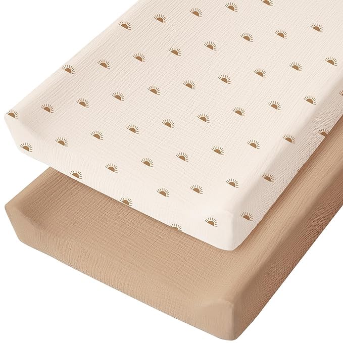 Muslin Changing Pad Cover for Baby Girls Boys, 100% Cotton Fitted Diaper Chang Table Covers, Soft Breathable Changing Pad Sheets, 2 Pack (Camel,Sun)
