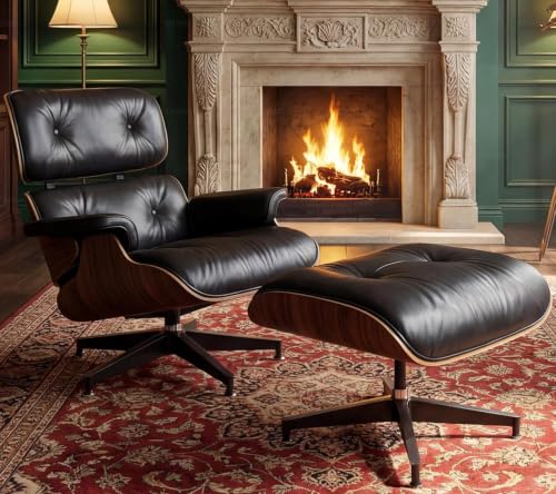 Image of Mid Century Modern Top Grain Leather Chaise Lounge Chair & Ottoman | Modern Classic Recliner with Heavy Duty Base, Fixed Tilting for Living Room, Study, Lounge & Office, Walnut Black