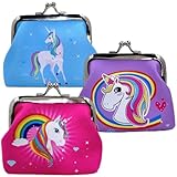 MIJOMA 3er Set Einhorn Geldbörse für Kinder, ca. 9x8 cm, Kleingeldbörse mit Kiss Lock Verschluss, Sortiert in Pink, Blau & Lila, Einhorn-Motiv, aus Kunststoff