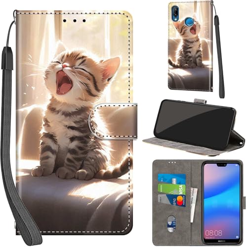 Cover per Huawei P20 Lite Case PU Pelle Custodia [Kickstand] [Chiusura magnetica] [Slot per Schede], Portafoglio Flip Custodia per Huawei P20 Lite,Gatto