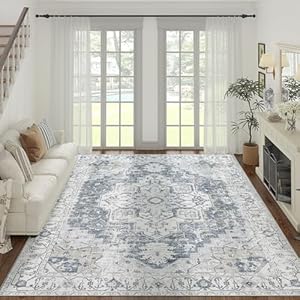 jinchan Living Room Area Rug 10×12 Washable Rug Vintage Indoor Large Floor Cover Distressed Lightweight Non-Slip Low Pile Thin Mat Stain Resistant Carpet for Bedroom Dining Room Office Grey