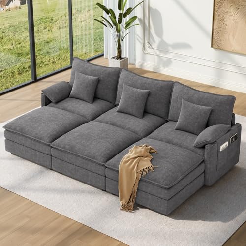 Image of Vesgantti 108 inch Sectional Sleeper Sofa, 6-Seater Oversized Modular Cloud Couch with Movable Ottoman, Chenille Large Sofa Bed Convertible Deep Seat Couches for Living Room, Bedroom and Apartment, Gray