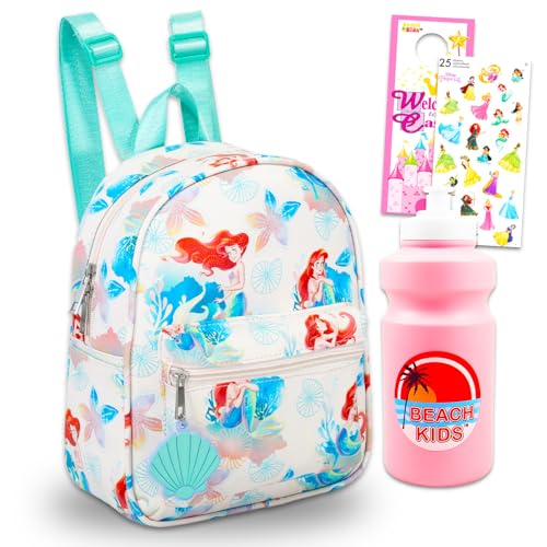 Disney Conjunto de mini mochila Pequena Sereia – Mochila Ariel de Couro Sintético de 25,4 cm com Bolso Frontal para Mulheres Plus Garrafa de Água, Adesivos, Mais | Pacote Mochila Pequena Sereia