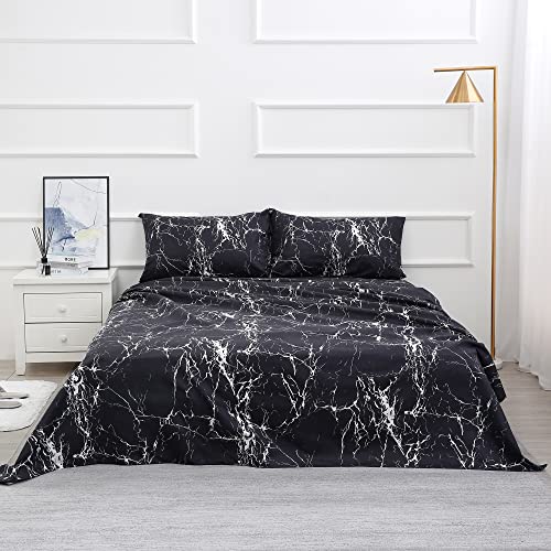 Image of Best Season Bed Sheet Set 4 Pieces -Full Size-Soft Durable Microfiber Bedding Sheet Set,Deep Pocket,Stain,Fade & Wrinkle Resistant(Black Marble)