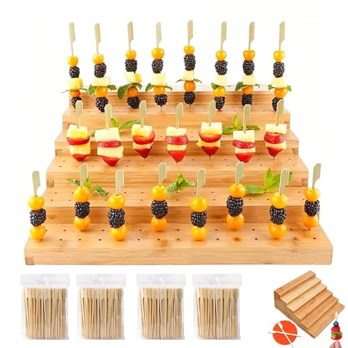Bamboo Skewer Holder Food Display with 180 Holes & 200 Bamboo Skewers Multi Tier Skewer Board Stand for Appetizers Fruit Cheese BBQ Catering Wedding Cocktail Party (5-Tier)